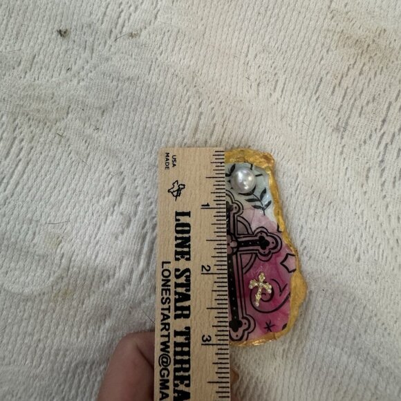 Handmade Decoupage Oyster Shell Trinket Dish Pearl, Cross, Faith, Gold Trim - Picture 3 of 5